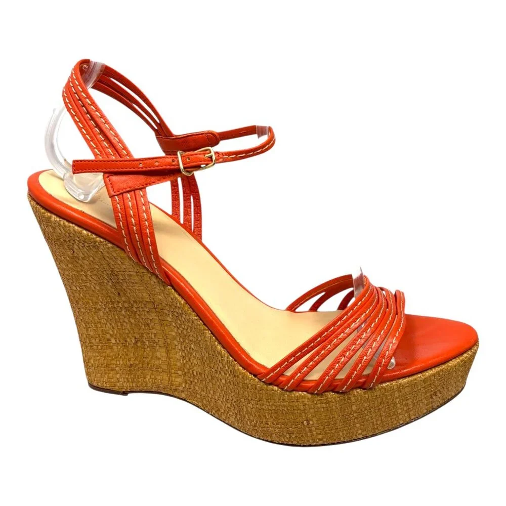 J. Crew Bette Orange Leather‎ Made in Italy Raffia High Wedge Sandals